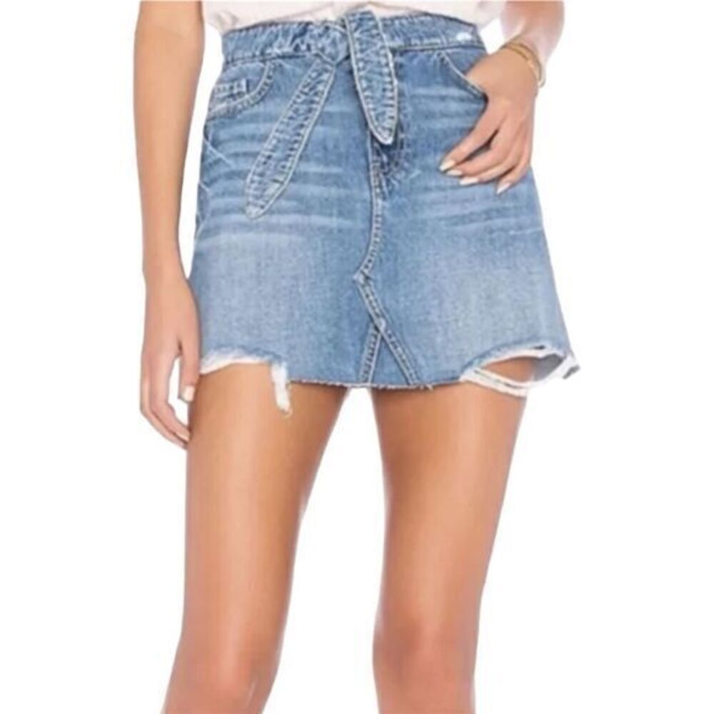 PAIGE High Rise Alethea Tie Waist Cotton Denim Mini Skirt Sz. 26 Blue Distressed